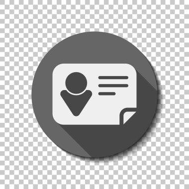 Kimlik kartı simgesi. Saydam arka plan üzerinde bir dairede uzun gölge beyaz düz simgesi. Rozet veya etiket stili