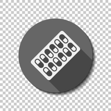 Paketi hapları simgesi. Saydam arka plan üzerinde bir dairede uzun gölge beyaz düz simgesi