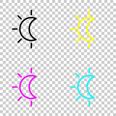 Güneş tutulması. İnce anahat ile basit doğrusal simgesi. Cmyk simgeleri şeffaf arka plan üzerinde renkli dizi