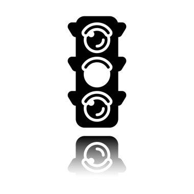 Trafik ışığı simgesi. Bekle, sarı veya hazır iz. Siyah beyaz arka plan ayna yansıması simgesiyle