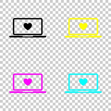 Laptop ya da defter bilgisayar ekranında kalp ile. Basit simgesi. Cmyk simgeleri şeffaf arka plan üzerinde renkli dizi
