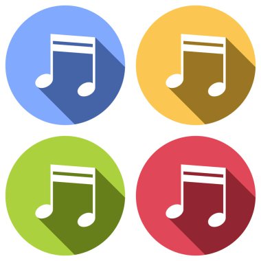 Müzik Not simgesi. Mavi, turuncu, yeşil ve kırmızı renkli daireler uzun gölge ile beyaz simgeler kümesi. Etiket tarzı