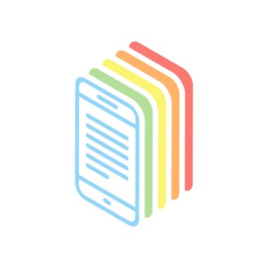 Hareket eden telefon ile metin üstünde perde. İnce anahat ile basit doğrusal simgesi. Beyaz arka plan üzerinde renkli izometrik simgeler yığını