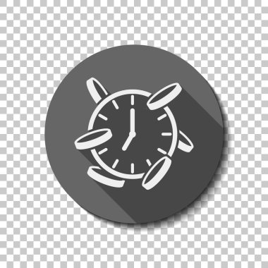 Vakit nakittir. Saat ve paralar. Finans simgesi. düz simgesi, uzun gölge, daire, şeffaf ızgara. Rozet veya etiket stili