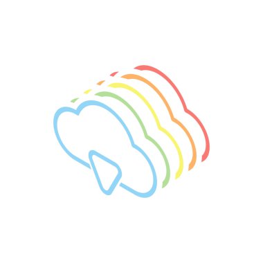 Anahat bulut indir basit simgesi. Doğrusal sembolü ile ince anahat. Beyaz arka plan üzerinde renkli izometrik simgeler yığını