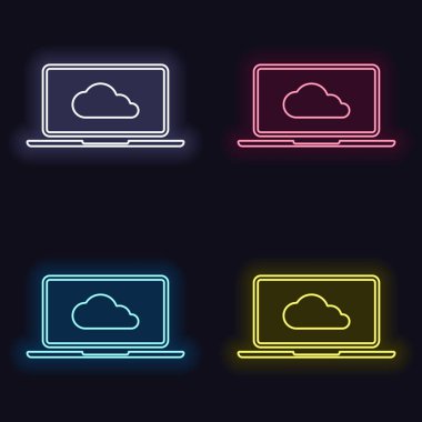 Bulut teknolojisi, bilgisayar yazılımı. Laptop ve bulut. Neon işareti kümesi. Koyu arka plan üzerinde casino tarzı. Seamless modeli