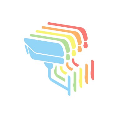 Güvenlik kamerası. Teknoloji simgesi. Beyaz arka plan üzerinde renkli izometrik simgeler yığını