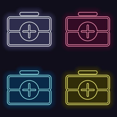 ilk yardım çantası, anahat simgesi. Neon işareti kümesi. Koyu arka plan üzerinde casino tarzı. Seamless modeli