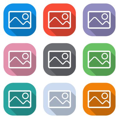 Dağlar ve güneş çift ile hayal et. Basit doğrusal simgesi. Beyaz simgeleri uygulamalar için renkli kareler olarak ayarlayın. Sorunsuz imkanı ve desen poster için