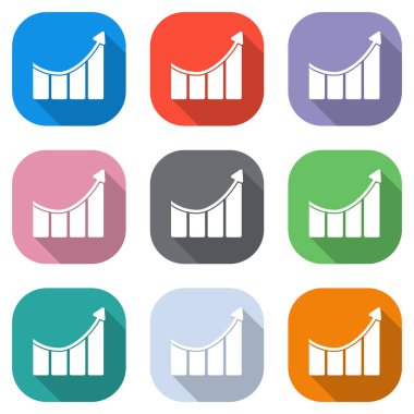 Çubuk grafiği yükselen ok simgesi ile büyüyor. Beyaz simgeleri uygulamalar için renkli kareler olarak ayarlayın. Sorunsuz imkanı ve desen poster için