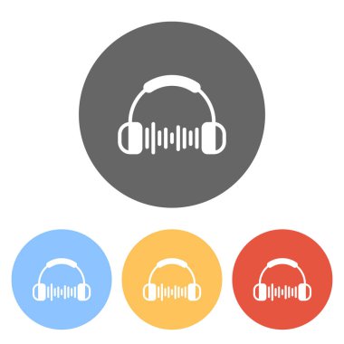 Kulaklık ve müzik dalgası. Max ses seviyesini. Basit simgesi. Renkli daireler üzerinde beyaz simgeler kümesi