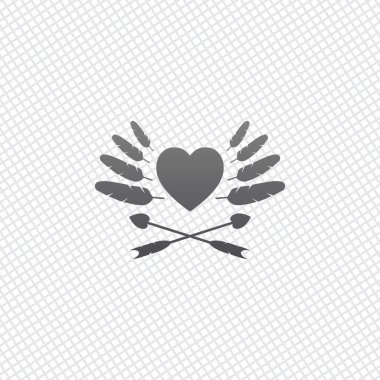 Sevgililer günü olan tutamaçlarından simgesi kalp, tüyler ve okları ile. Kılavuz arka plan üzerinde