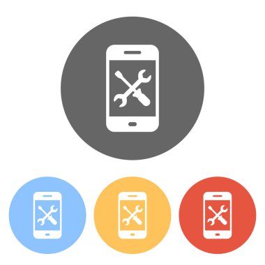 Telefon tamir servisi simgesini. Renkli daireler üzerinde beyaz simgeler kümesi