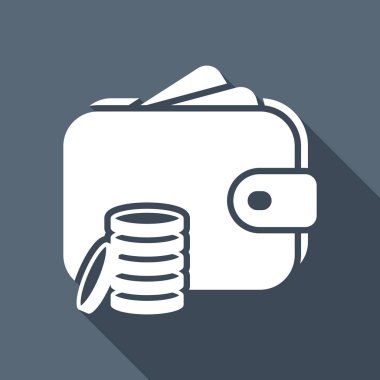 M-cüzdan ve madeni paralar, çanta para ile. Uzun Gölge arka plan üzerinde beyaz düz simgesi