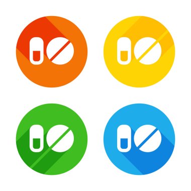 hapları veya vitamin basit semboller. Renkli daireler arka plan düz beyaz simgesi. Dört farklı uzun gölgeler her köşe