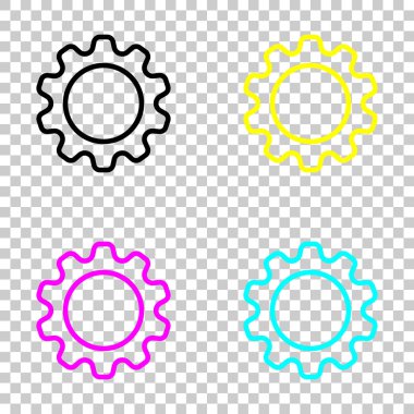 Basit dişli sembolü, ince anahat ile doğrusal simgesi. Cmyk simgeleri şeffaf arka plan üzerinde renkli dizi