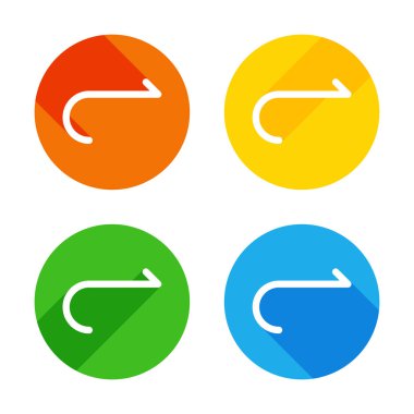 Basit ok, ileri. Gezinti simgesi. Basit ok, geriye doğru. Gezinti simgesi. Doğrusal sembolü ile ince bir çizgi. Bir çizgi stili. Renkli daireler arka plan düz beyaz simgesi. Dört farklı uzun gölgeler her köşe