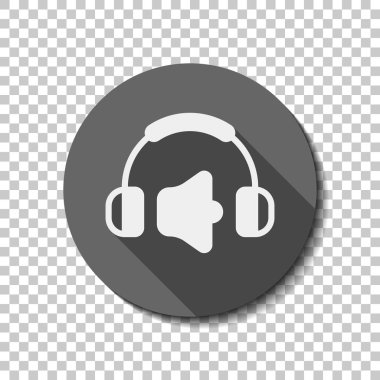 Kulaklık ve ses seviyesini. Max ses seviyesini. Basit simgesi. Saydam arka plan üzerinde bir dairede uzun gölge beyaz düz simgesi. Rozet veya etiket stili