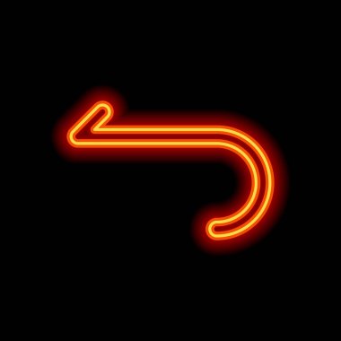 Basit ok, geriye doğru. Gezinti simgesi. Doğrusal sembolü ile ince bir çizgi. Bir çizgi stili. Siyah arka plan üzerine portakal neon tarzı. Işık simgesi
