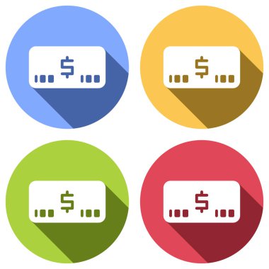 Para voutcher. USD kartı simgesi. Mavi, turuncu, yeşil ve kırmızı renkli daireler uzun gölge ile beyaz simgeler kümesi. Etiket tarzı