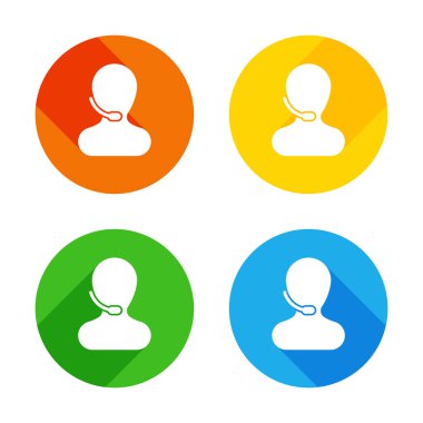 Kişi mikrofon ile. Çağrı merkezi. Renkli daireler arka plan düz beyaz simgesi. Dört farklı uzun gölgeler her köşe