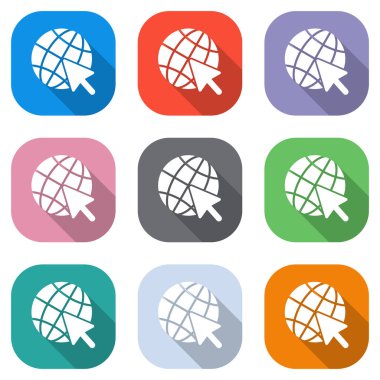 Küre ve ok simgesi. Beyaz simgeleri uygulamalar için renkli kareler olarak ayarlayın. Sorunsuz imkanı ve desen poster için