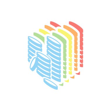 Sikke yığını simgesi. Beyaz arka plan üzerinde renkli izometrik simgeler yığını