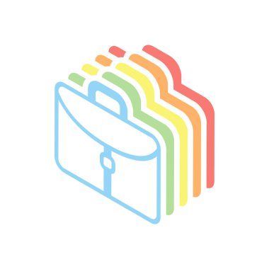 Evrak çantası, office çanta. Beyaz arka plan üzerinde renkli izometrik simgeler yığını