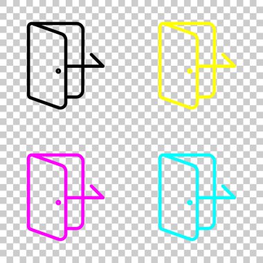 Çıkış simgesi. Doğrusal, ince anahat. Cmyk simgeleri şeffaf arka plan üzerinde renkli dizi