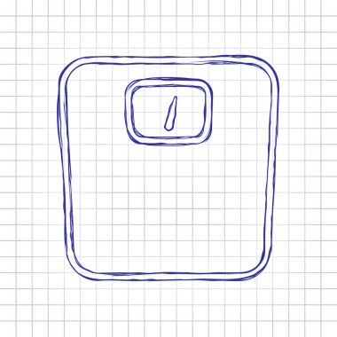 siluet veya ağırlık, basit anahat simgesi. Elle çizilmiş resim kağıt sayfası. Mavi mürekkep, anahat kroki tarzı. Damalı zemin üzerine doodle