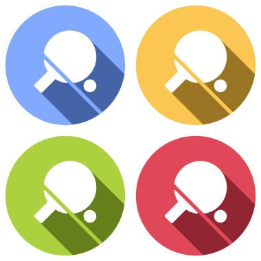 Ping pong simgesi. Mavi, turuncu, yeşil ve kırmızı renkli daireler uzun gölge ile beyaz simgeler kümesi. Etiket tarzı