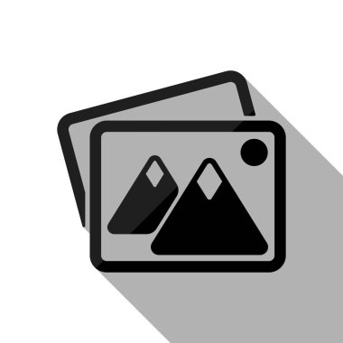 Birkaç dağlar ve güneş ile fotoğraf yığını. Basit simgesi. Uzun gölge beyaz arka planda siyah nesnesiyle