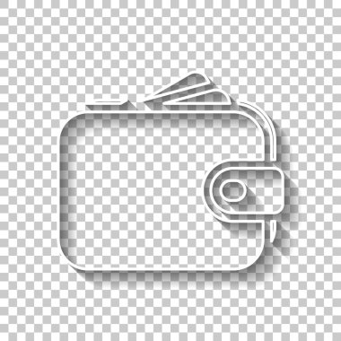 Çanta, cüzdan, para simgesi. Gölge şeffaf arka plan üzerinde beyaz anahat işaretiyle