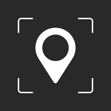 Harita etiketi simgesi. Beyaz nesne kamera otomatik odaklama koyu arka plan üzerinde