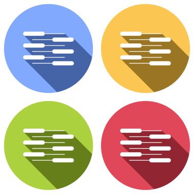 Çift piyano klavye simgesi. Düet. Rekabet, dikey görünüm. Mavi, turuncu, yeşil ve kırmızı renkli daireler uzun gölge ile beyaz simgeler kümesi. Etiket tarzı