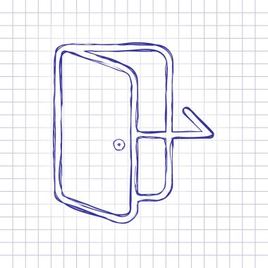 Çıkış simgesi. Doğrusal, ince anahat. Elle çizilmiş resim kağıt sayfası. Mavi mürekkep, anahat kroki tarzı. Damalı zemin üzerine doodle