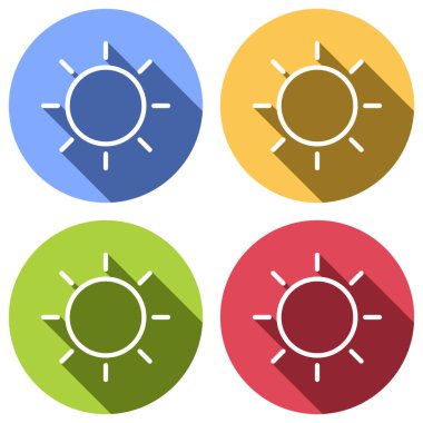 Güneş simgesi. Doğrusal, ince anahat. Mavi, turuncu, yeşil ve kırmızı renkli daireler uzun gölge ile beyaz simgeler kümesi. Etiket tarzı