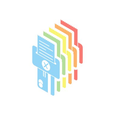 Kredi kartı, Pos terminal, hata simgesi. Beyaz arka plan üzerinde renkli izometrik simgeler yığını