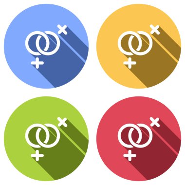 cinsiyet sembolü. Doğrusal sembolü. basit lezbiyen simgesi. Mavi, turuncu, yeşil ve kırmızı renkli daireler uzun gölge ile beyaz simgeler kümesi. Etiket tarzı