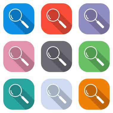 Büyüteç, arama veya büyütme. Doğrusal simgesi, ince anahat. Beyaz simgeleri uygulamalar için renkli kareler olarak ayarlayın. Sorunsuz imkanı ve desen poster için