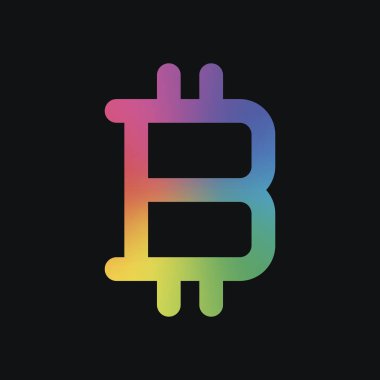 Bitcoin sembolü, basit simgesi. Gökkuşağı rengi ve koyu arka plan