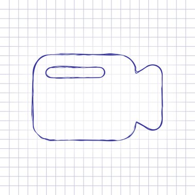 Basit video kamera simgesi. Elle çizilmiş resim kağıt sayfası. Mavi mürekkep, anahat kroki tarzı. Damalı zemin üzerine doodle