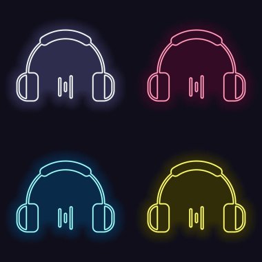 Kulaklık ve müzik dalgası. Dk ses seviyesini. Basit simgesi. Neon işareti kümesi. Koyu arka plan üzerinde casino tarzı. Seamless modeli
