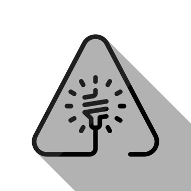 Uyarı üçgeni içinde LED lamba. İnce anahat ile doğrusal simgesi. Bir çizgi stili. Uzun gölge beyaz arka planda siyah nesnesiyle