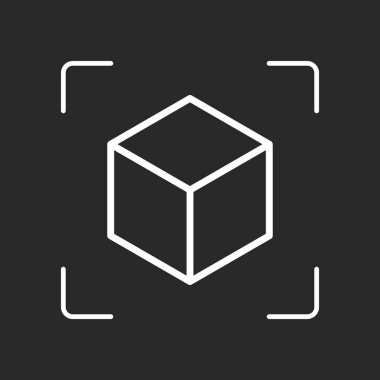 Geometrik boş küp. Basit anahat simgesi. Beyaz nesne kamera otomatik odaklama koyu arka plan üzerinde