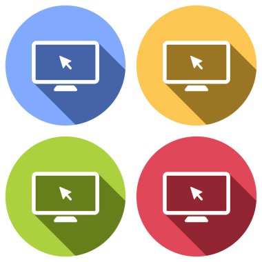 Masaüstü bilgisayar ve fare ok. Basit dijital simgesi. Mavi, turuncu, yeşil ve kırmızı renkli daireler uzun gölge ile beyaz simgeler kümesi. Etiket tarzı