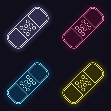 Tıbbi yama, basit simgesi. Neon işareti kümesi. Koyu arka plan üzerinde casino tarzı. Seamless modeli
