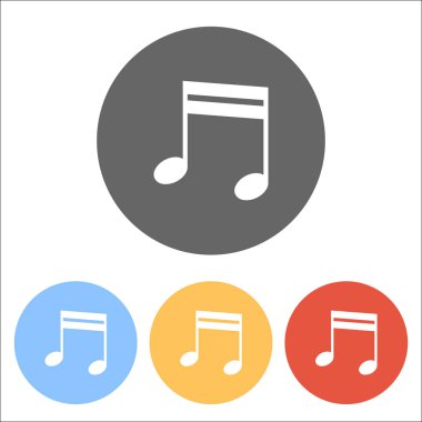 Müzik Not simgesi. Renkli daireler üzerinde beyaz simgeler kümesi