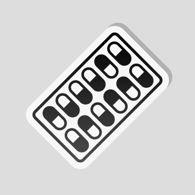 Paketi hapları simgesi. Etiket tarzı ile beyaz ve gri arka plan üzerinde basit gölge