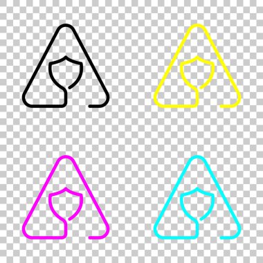 Uyarı üçgeni içinde kalkan. Koru ile sorun. İnce anahat ile doğrusal simgesi. Bir çizgi stili. Cmyk simgeleri şeffaf arka plan üzerinde renkli dizi